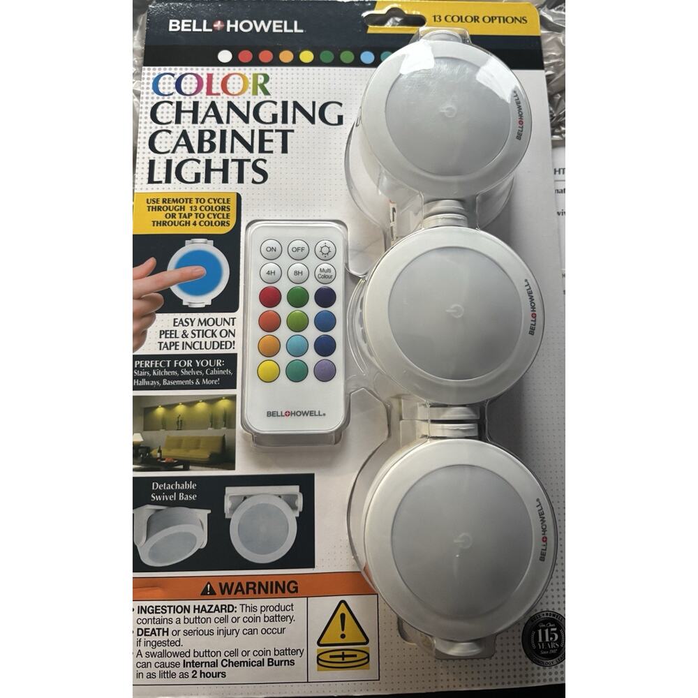 Bell+Howell 3 Pack Battery Under Cabinet Light Bar Remote 13 Color Sealed New